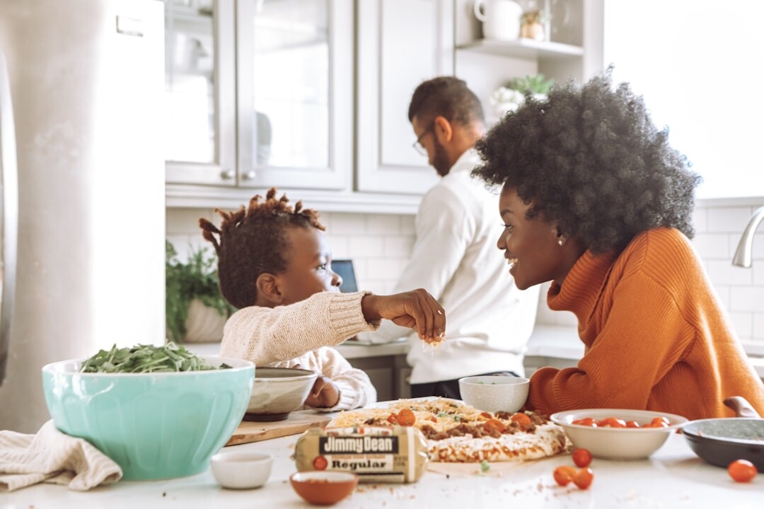 busy family cooking dinner