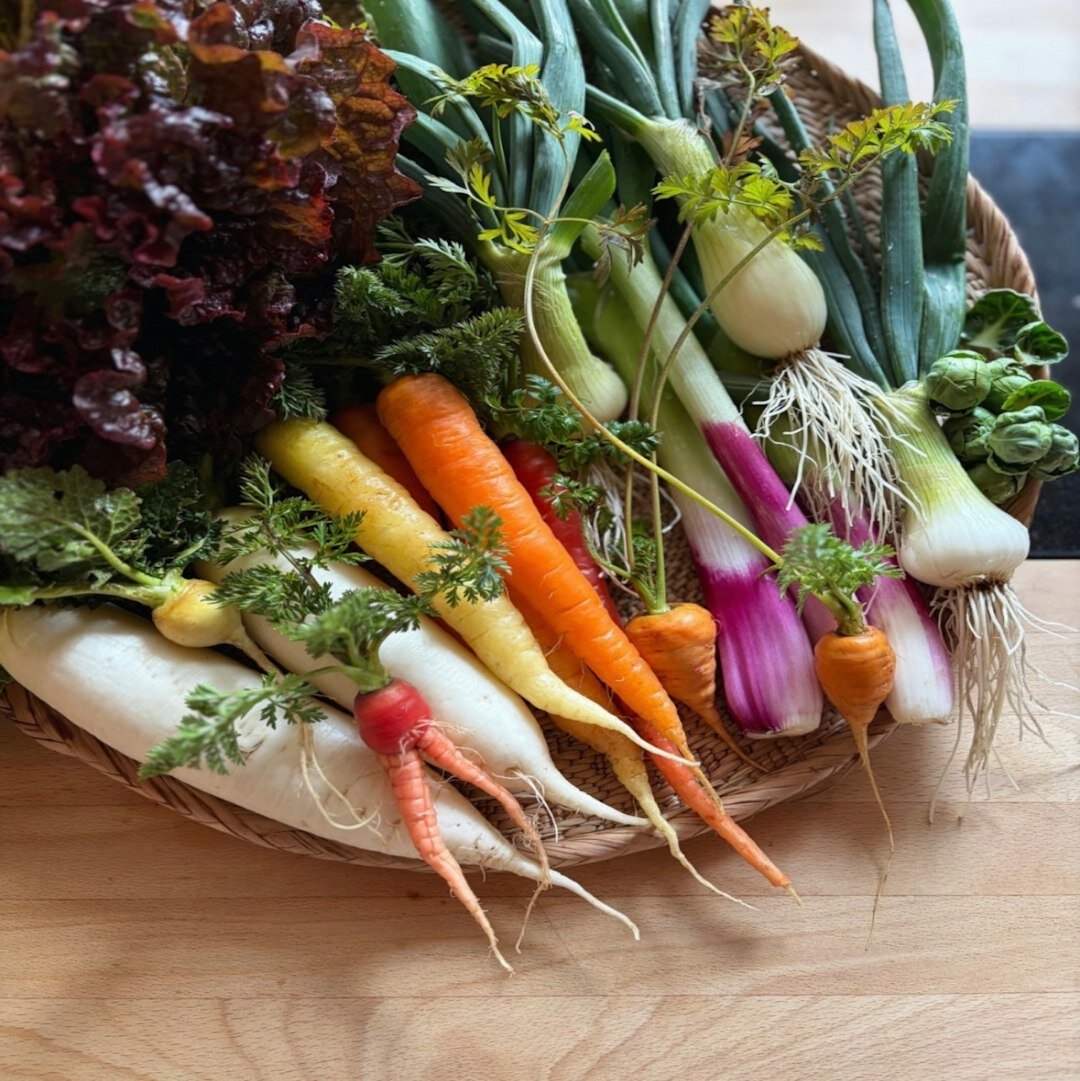 Fresh spring vegetables and herbs on a kitchen table